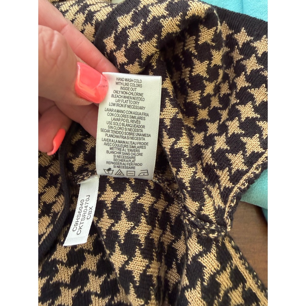 Calvin Klein Cowl Neck Sweater Womens Medium Tan Black Houndstooth - Picture 6 of 6